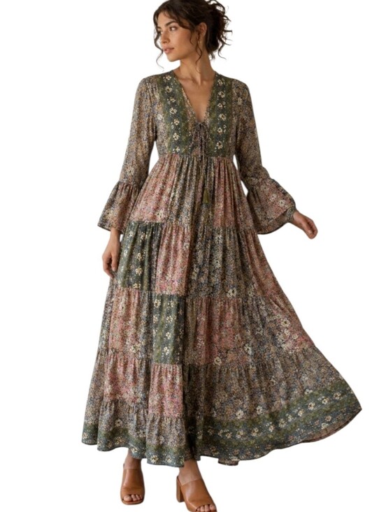 Boemos Dresses & Skirts - Boemo Lace-Up Tassel Maxi Dress Floral Multi Print S Cottagecore Paisant Layered
